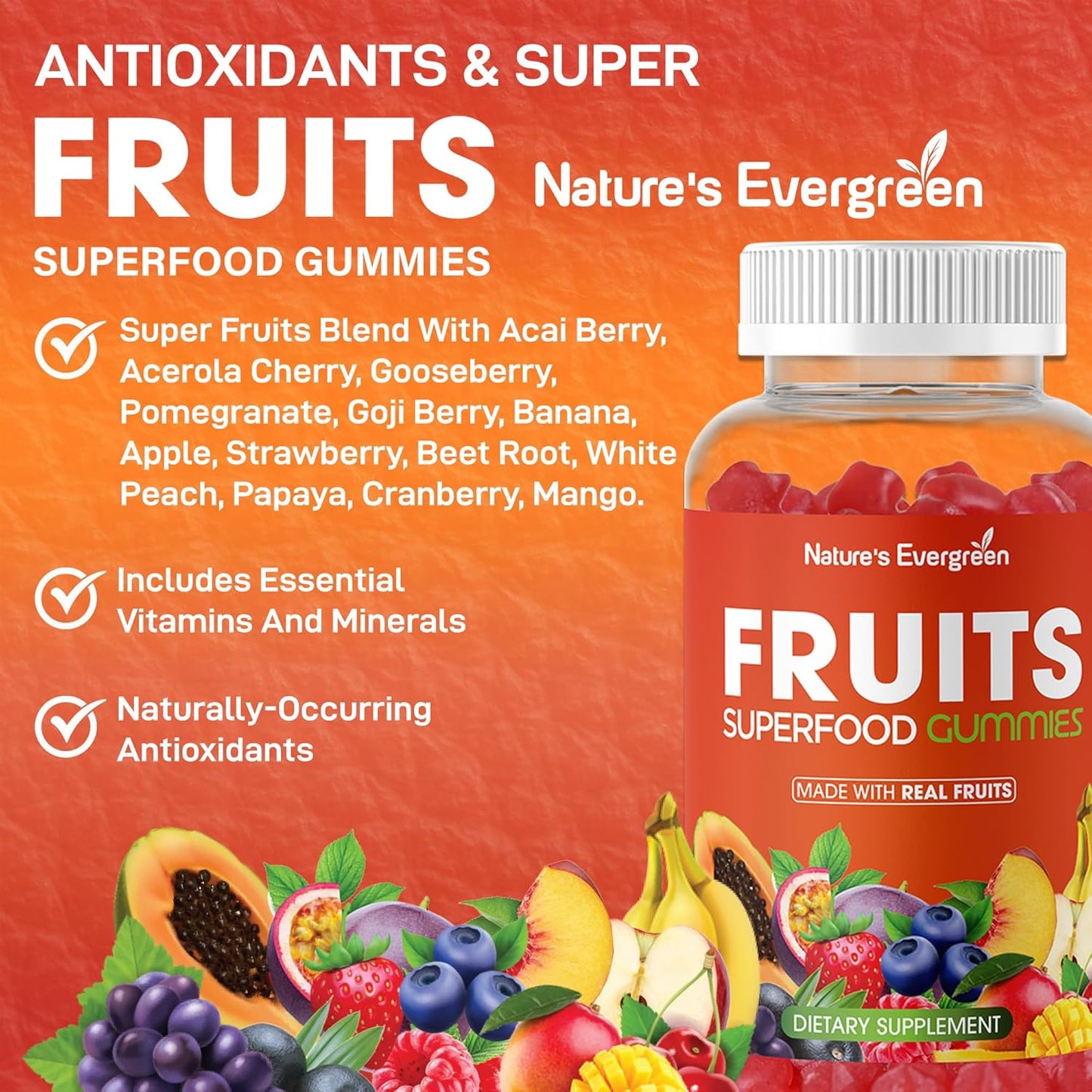 Fruits and Vegetables Superfood Gummies Supplement - 120 Gummies, Vegan, Non-GMO, Gluten-Free - Nature's Vitamins for Nutritional Balance, Made in USA