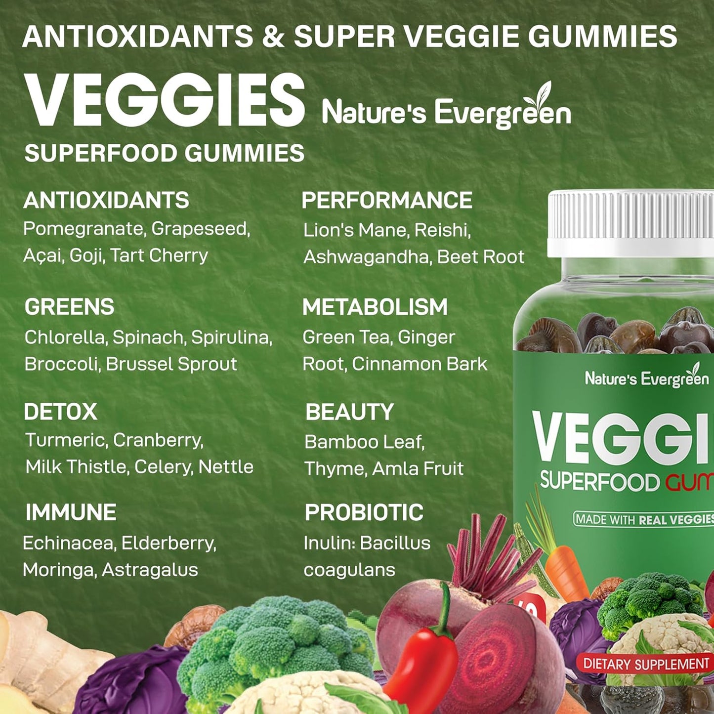 Fruits and Vegetables Superfood Gummies Supplement - 120 Gummies, Vegan, Non-GMO, Gluten-Free - Nature's Vitamins for Nutritional Balance, Made in USA