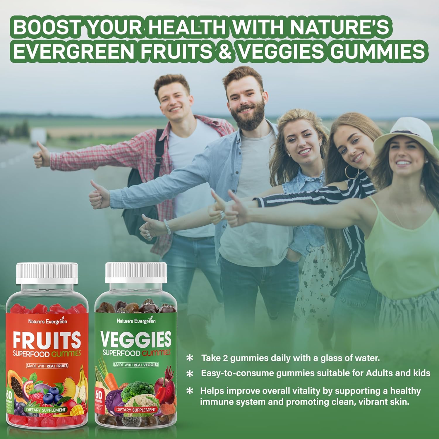 Fruits and Vegetables Superfood Gummies Supplement - 120 Gummies, Vegan, Non-GMO, Gluten-Free - Nature's Vitamins for Nutritional Balance, Made in USA