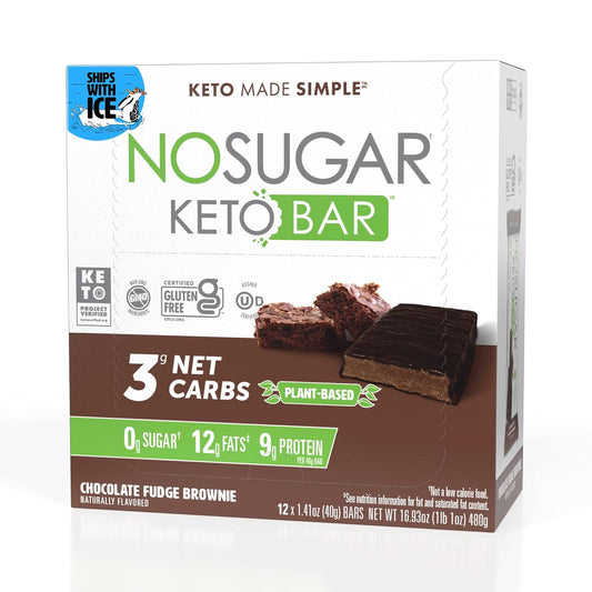 Fudge Brownie Keto Bar Snack - Low Carb, 3g Net Carb, 9g Protein, Sugar Free (0g) - 12 Bars