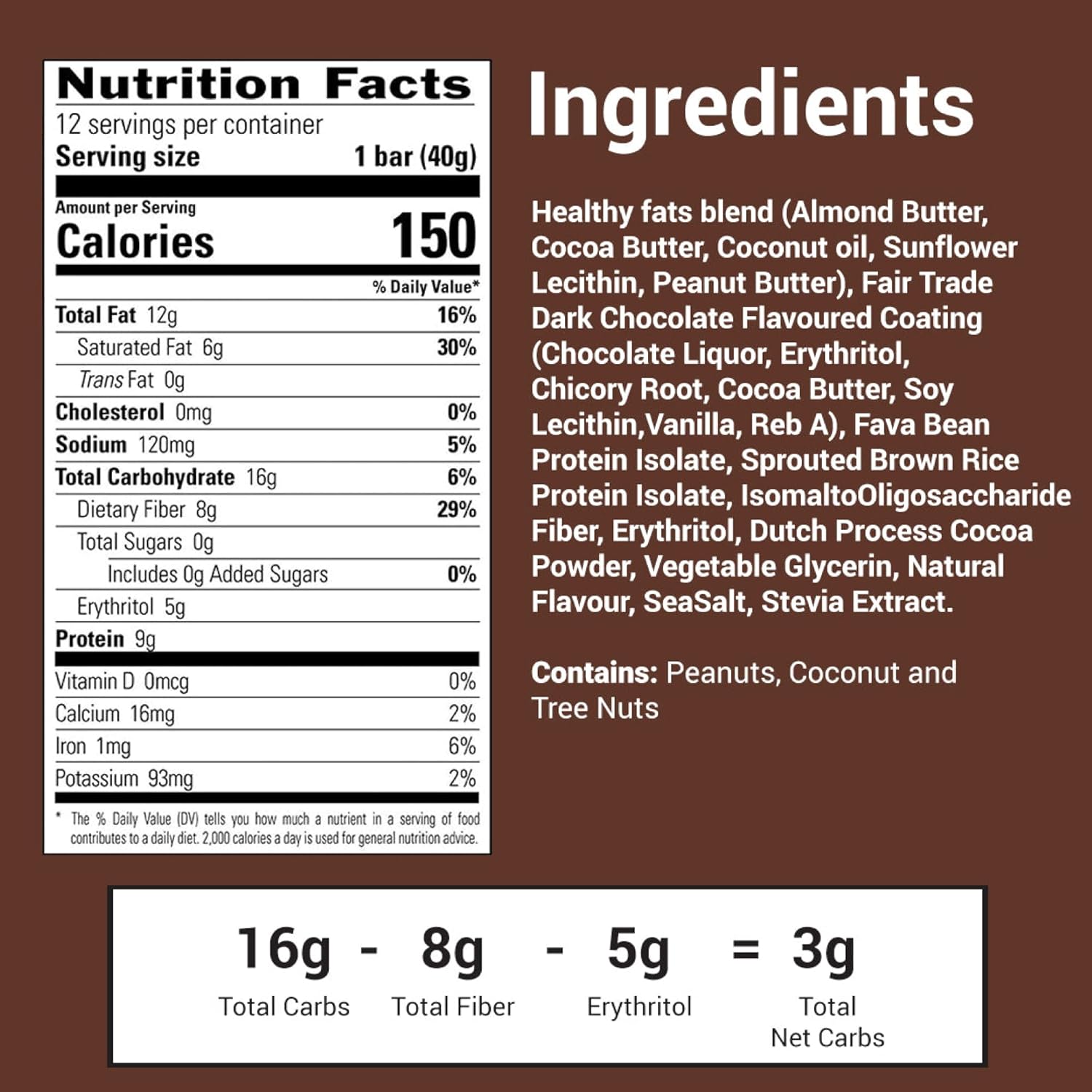 Fudge Brownie Keto Bar Snack - Low Carb, 3g Net Carb, 9g Protein, Sugar Free (0g) - 12 Bars