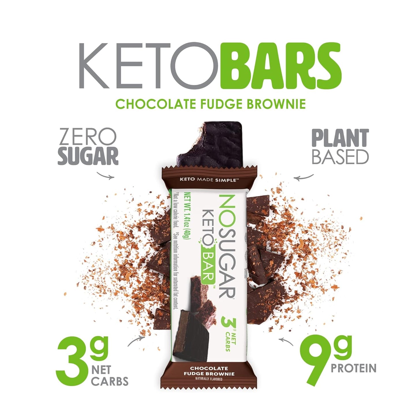 Fudge Brownie Keto Bar Snack - Low Carb, 3g Net Carb, 9g Protein, Sugar Free (0g) - 12 Bars