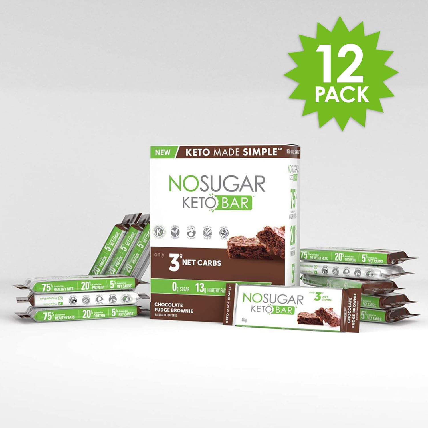 Fudge Brownie Keto Bar Snack - Low Carb, 3g Net Carb, 9g Protein, Sugar Free (0g) - 12 Bars
