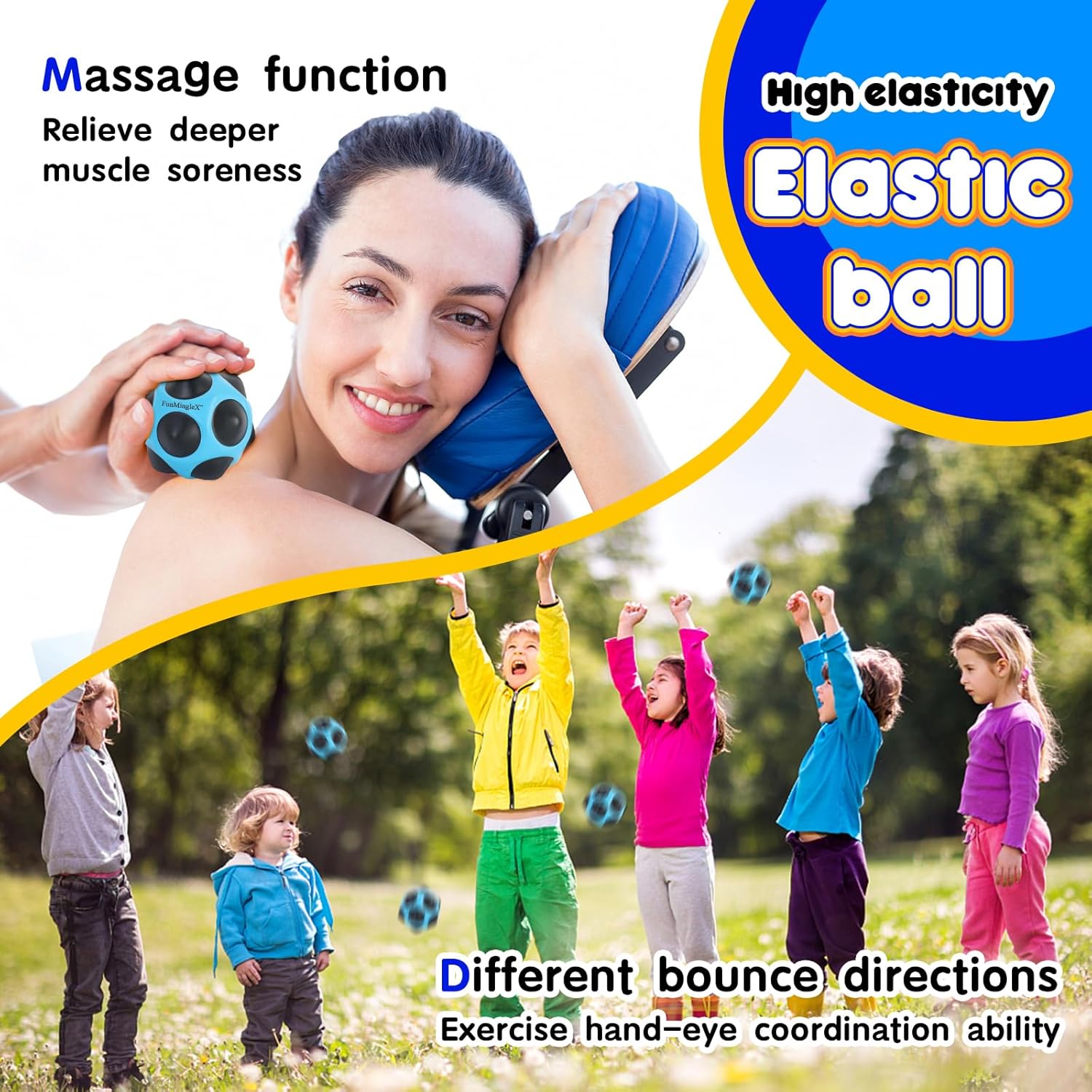 FunMingleX Super High Bounce Ball for All Ages - Playground & Outdoor Games, Athlete Training & Massage Ball
