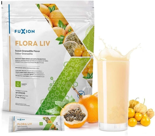 FuXion Flora Liv - 10 Billion CFU Probiotics with Prebiotic Fiber for Pet Immune Defense - Sweet Granadilla Flavor, 28 Sachets