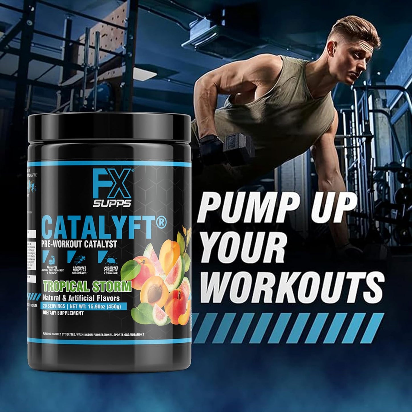 FXSUPPS Catalyft Pre-Workout Powder Drink - Tropical Storm Flavor | Formulated for Men and Women with Creatine, Caffeine, and Beta-Alanine | Enhances Energy, Muscle Gain, and Focus | 20 Servings