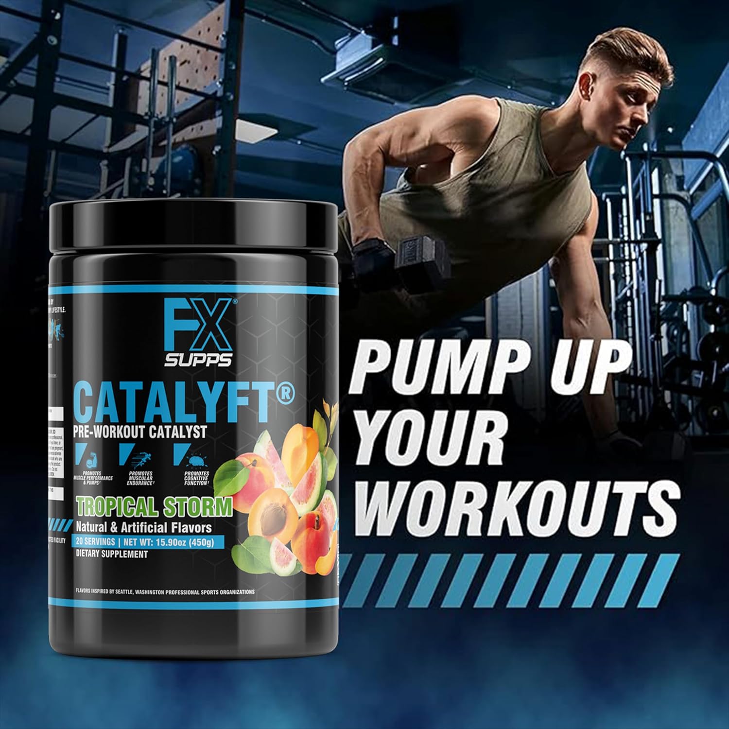 FXSUPPS Catalyft Pre-Workout Powder Drink - Tropical Storm Flavor | Formulated for Men and Women with Creatine, Caffeine, and Beta-Alanine | Enhances Energy, Muscle Gain, and Focus | 20 Servings