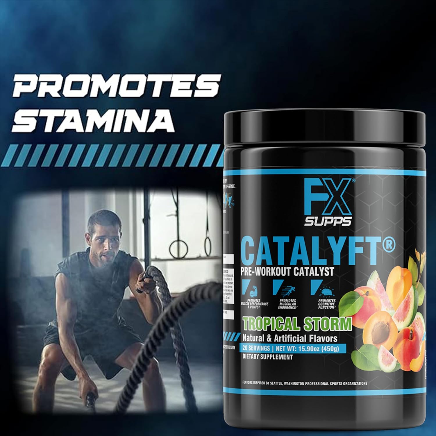 FXSUPPS Catalyft Pre-Workout Powder Drink - Tropical Storm Flavor | Formulated for Men and Women with Creatine, Caffeine, and Beta-Alanine | Enhances Energy, Muscle Gain, and Focus | 20 Servings