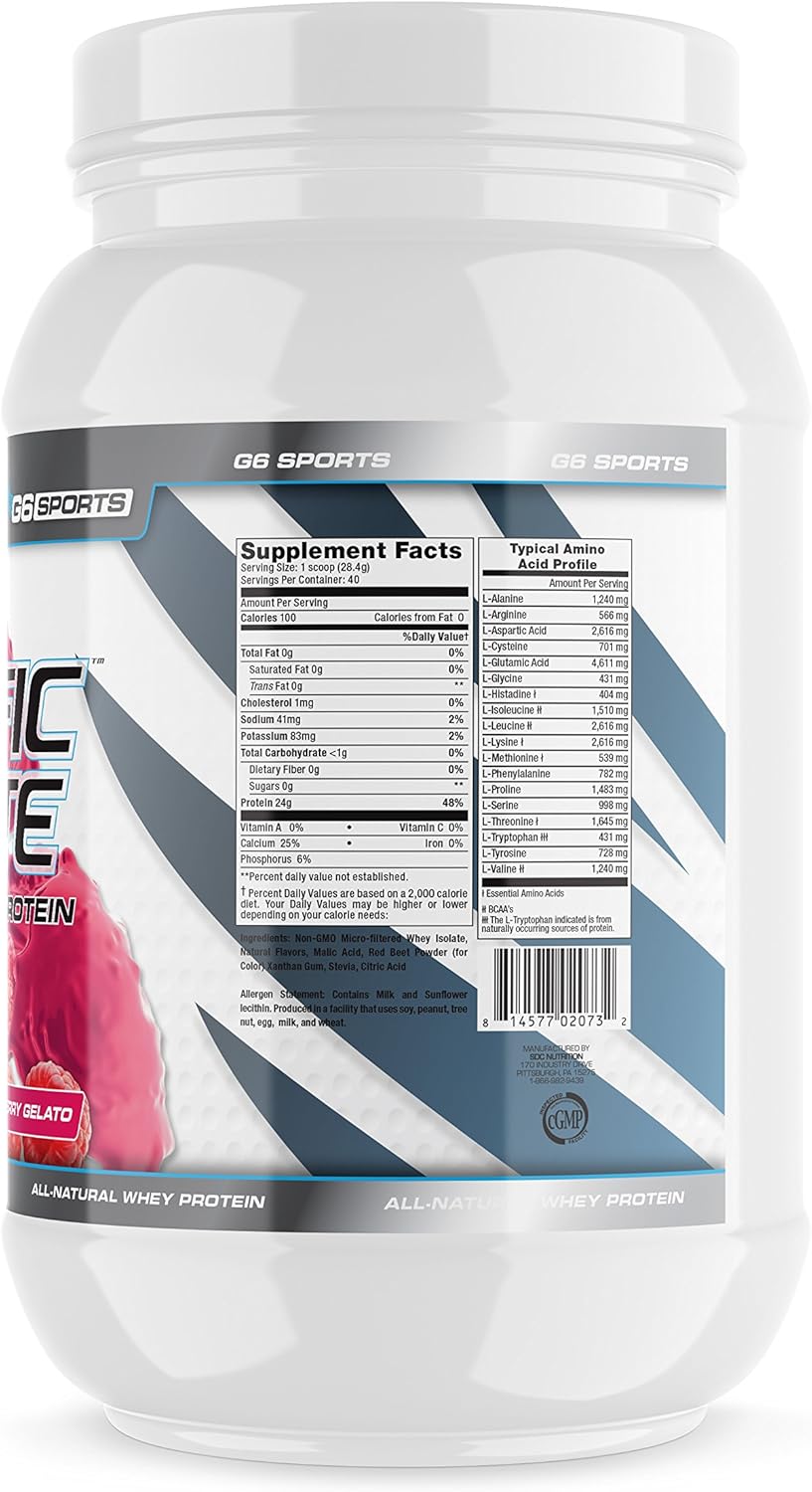 G6 Sports Nutrition Prolific Isolate All Natural Whey Protein Isolate - Gluten, Lactose, and Soy Free - Stevia Sweetened - 25g Protein - 100 Calories - 2.5lb Jar - Raspberry Gelato