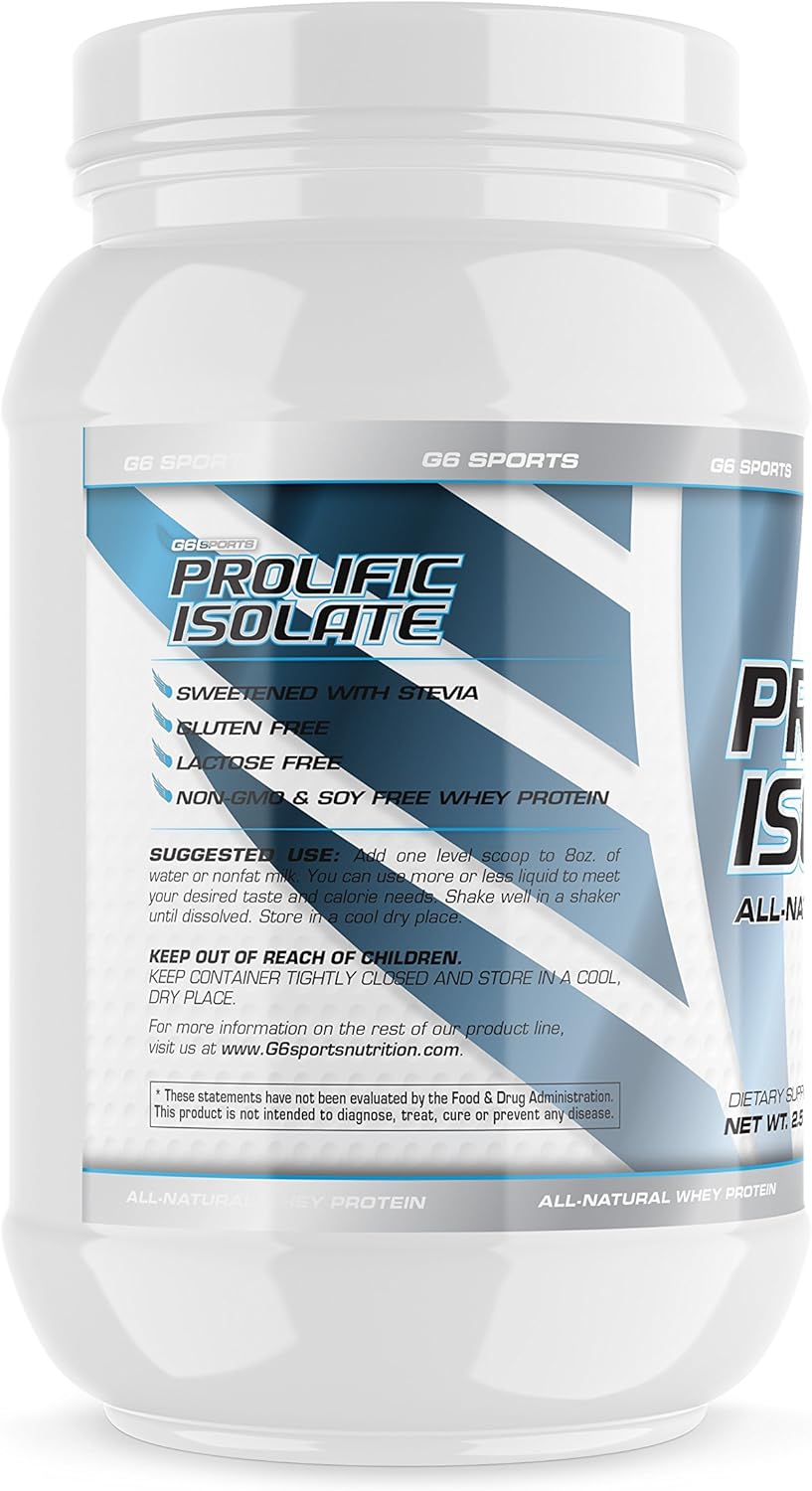 G6 Sports Nutrition Prolific Isolate All Natural Whey Protein Isolate - Gluten, Lactose, and Soy Free - Stevia Sweetened - 25g Protein - 100 Calories - 2.5lb Jar - Raspberry Gelato