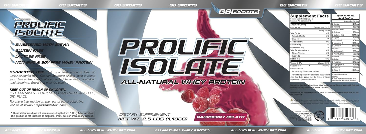 G6 Sports Nutrition Prolific Isolate All Natural Whey Protein Isolate - Gluten, Lactose, and Soy Free - Stevia Sweetened - 25g Protein - 100 Calories - 2.5lb Jar - Raspberry Gelato