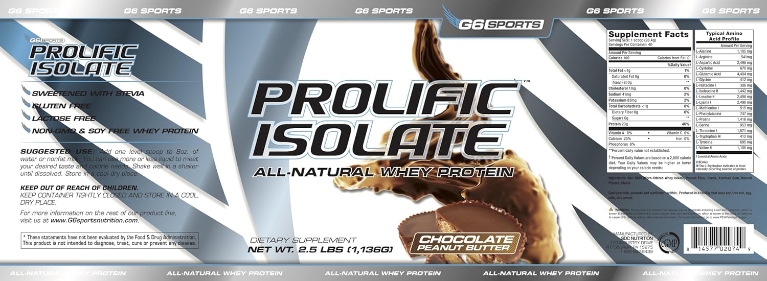 G6 Sports Nutrition Prolific Isolate Chocolate Peanut Butter Whey Protein - 2.5lb Jar, All Natural, Gluten/Lactose/Soy Free, Stevia Sweetened (25g Protein, 100 Calories)