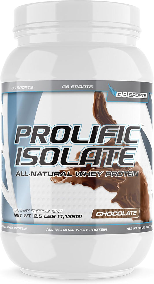 G6 Sports Nutrition Prolific Isolate Chocolate Whey Protein - Gluten & Lactose Free, Stevia Sweetened - 25g Protein, 100 Calories - 2.5lb Jar