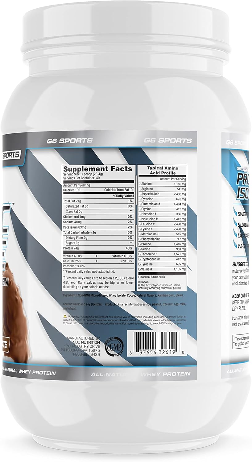 G6 Sports Nutrition Prolific Isolate Chocolate Whey Protein - Gluten & Lactose Free, Stevia Sweetened - 25g Protein, 100 Calories - 2.5lb Jar