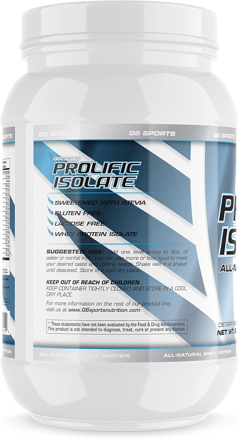 G6 Sports Nutrition Prolific Isolate Chocolate Whey Protein - Gluten & Lactose Free, Stevia Sweetened - 25g Protein, 100 Calories - 2.5lb Jar