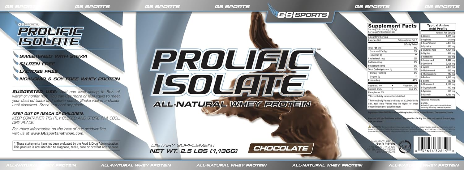G6 Sports Nutrition Prolific Isolate Chocolate Whey Protein - Gluten & Lactose Free, Stevia Sweetened - 25g Protein, 100 Calories - 2.5lb Jar