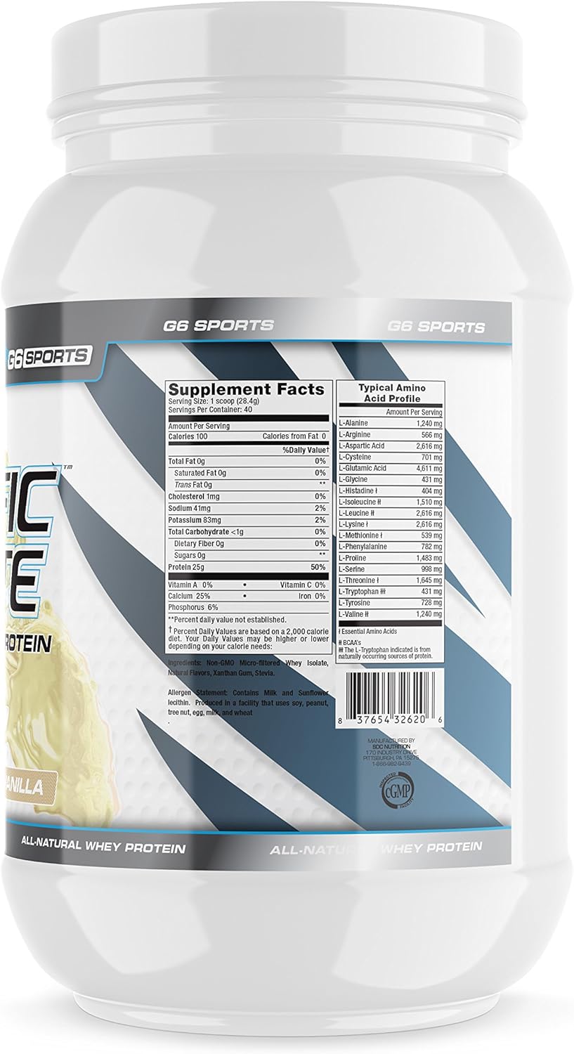 G6 Sports Nutrition Prolific Isolate Vanilla Whey Protein Isolate - Gluten, Lactose, Soy Free, Stevia Sweetened - 25g Protein, 100 Calories - 2.5lb Jar