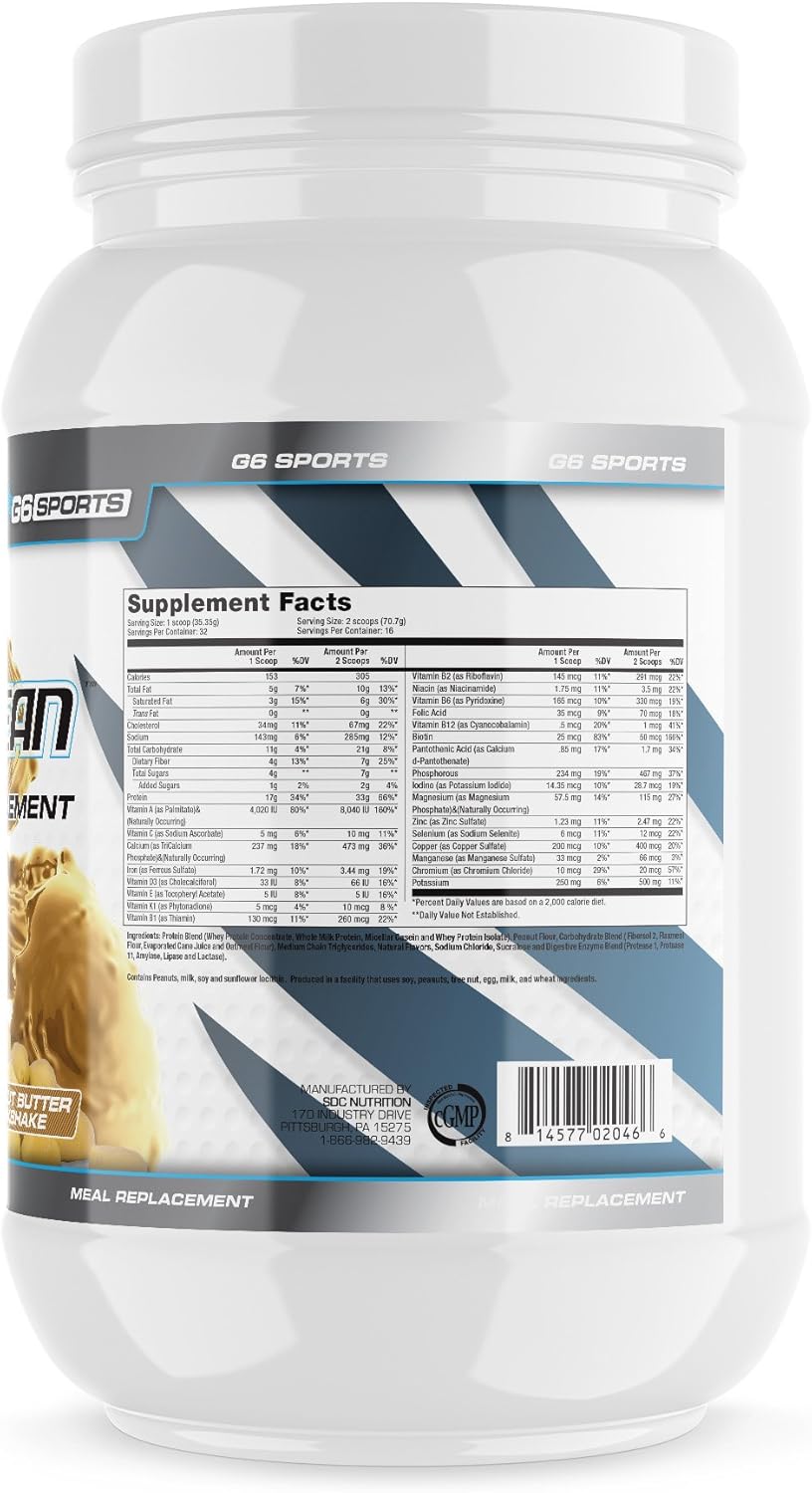 G6 Sports Nutrition Super-Lean Deluxe Meal Replacement - Peanut Butter Milkshake - 2.5lb Jar with 32g Protein and 25 Added Vitamins & Minerals