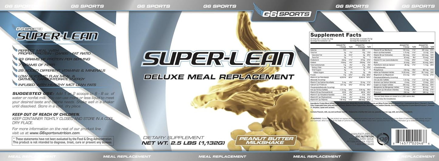 G6 Sports Nutrition Super-Lean Deluxe Meal Replacement - Peanut Butter Milkshake - 2.5lb Jar with 32g Protein and 25 Added Vitamins & Minerals