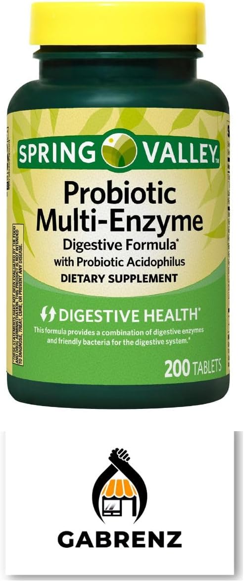 Gabrenz Spring Valley Probiotic Enzyme Digestive Tablets, 200 ct - Probiotics & Enzymes for Digestive Health, Pack of 1 with Gbz Ref Magnet