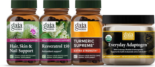 Gaia Herbs Beauty Essentials Kit: Hair, Skin, Nail Support with Resveratrol 150, Everyday Adaptogen, Turmeric Supreme