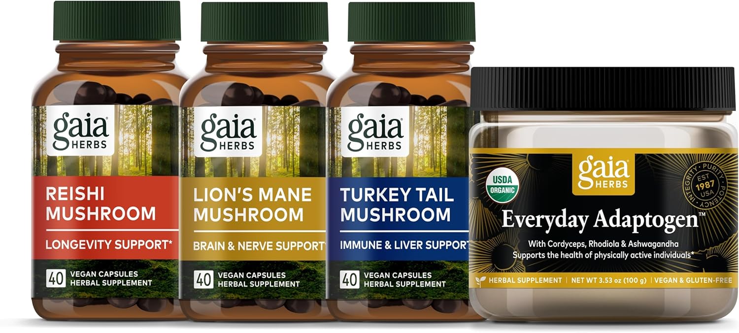 Gaia Herbs Mushroom Trio Kit - Reishi, Lion's Mane, Turkey Tail, Everyday Adaptogen Support