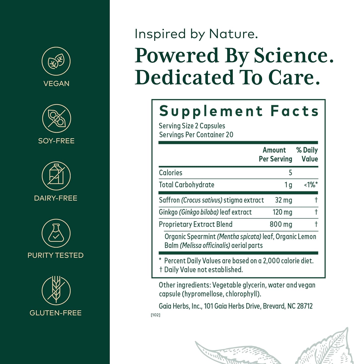 Gaia Herbs Pro Nootropic Focus Supplement with Saffron, Ginkgo Biloba, Spearmint, Lemon Balm Extract - 40 Vegan Capsules