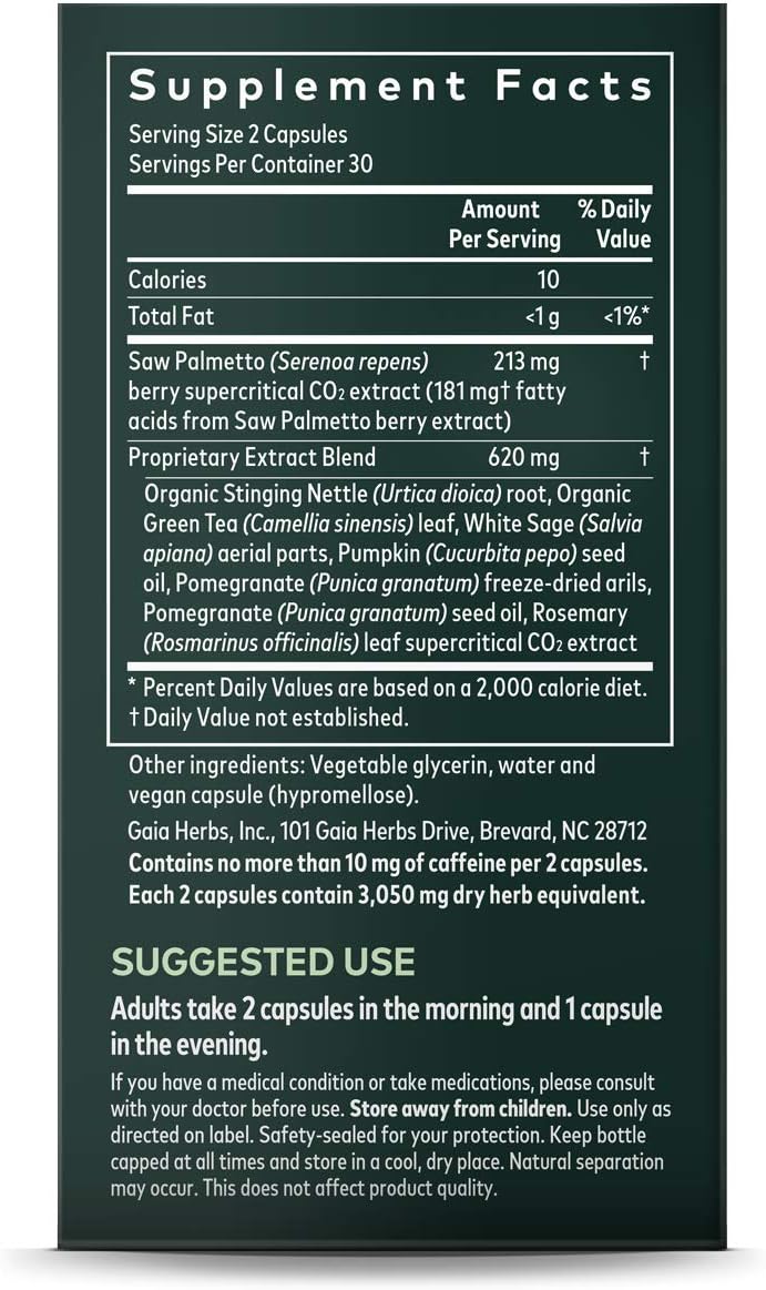 Gaia Herbs Prostate Health Supplement - Saw Palmetto, Green Tea, Nettle Root, White Sage - 60 Vegan Capsules