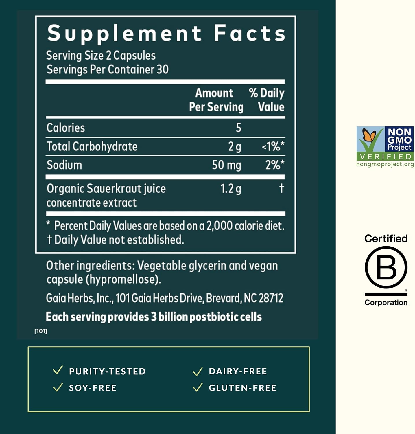 Gaia Herbs Sauerkraut Postbiotic Supplement for Gut Health & Immune Support - 60 Vegan Capsules, Dairy, Soy & Gluten-Free