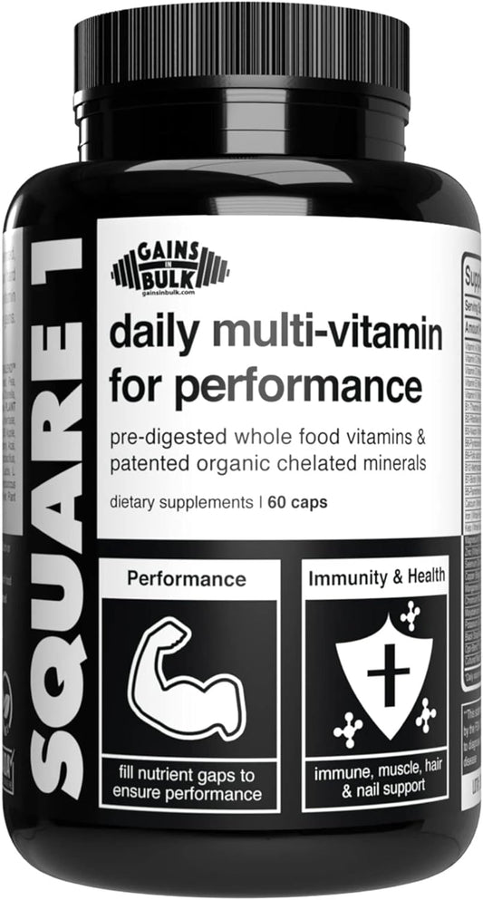 Gains in Bulk Square 1 Whole Food Daily Multi-Vitamin & Mineral Supplement - 60 Capsules for Optimal Performance