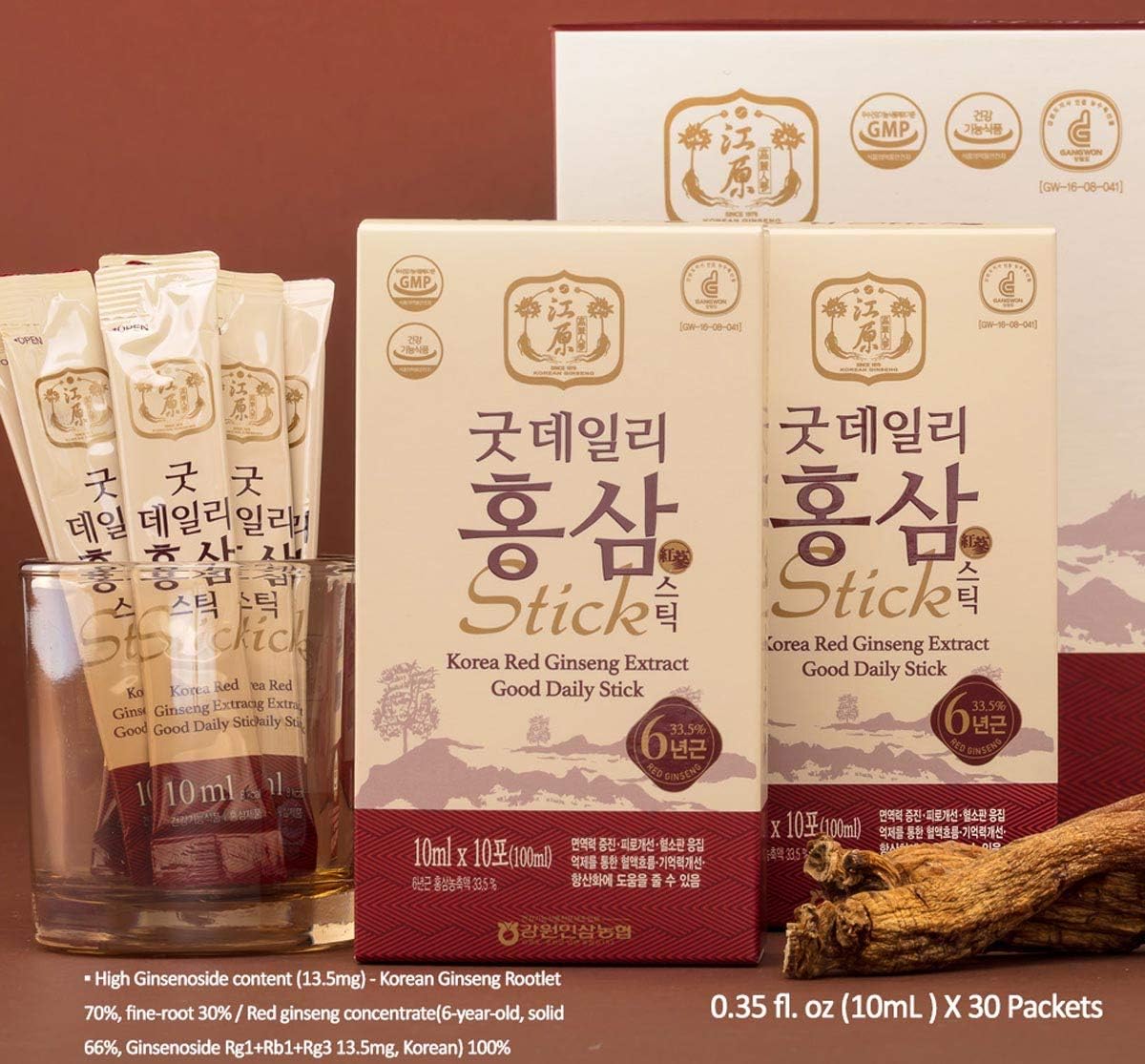 [Gangwoninsam] Korean Red Ginseng Extract Daily Stick 30 Count - 6 Year Korean Red Ginseng, Individually Packaged, 0.35 fl. oz (10ml), 3 X 10-Count Box