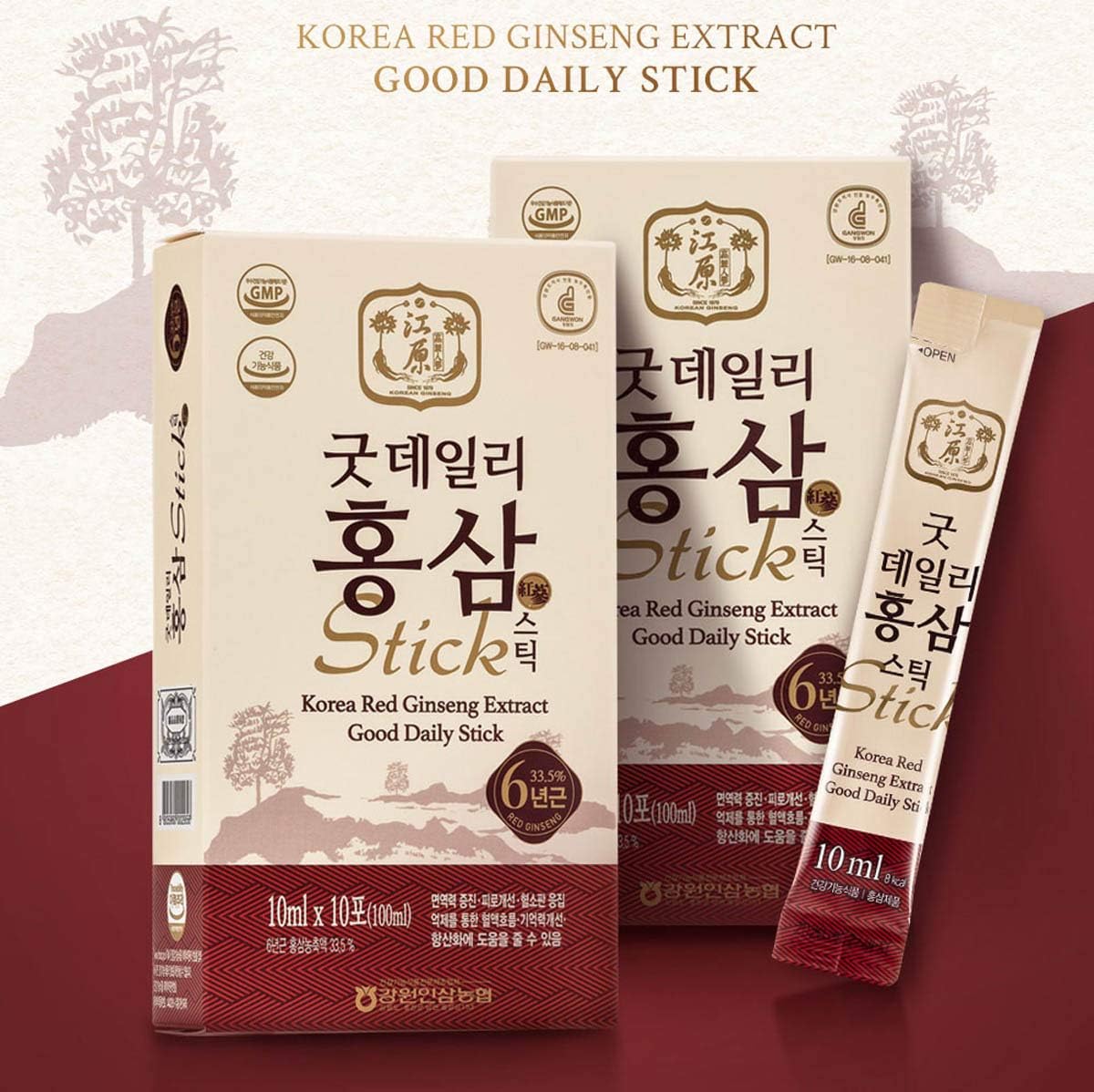 [Gangwoninsam] Korean Red Ginseng Extract Daily Stick 30 Count - 6 Year Korean Red Ginseng, Individually Packaged, 0.35 fl. oz (10ml), 3 X 10-Count Box