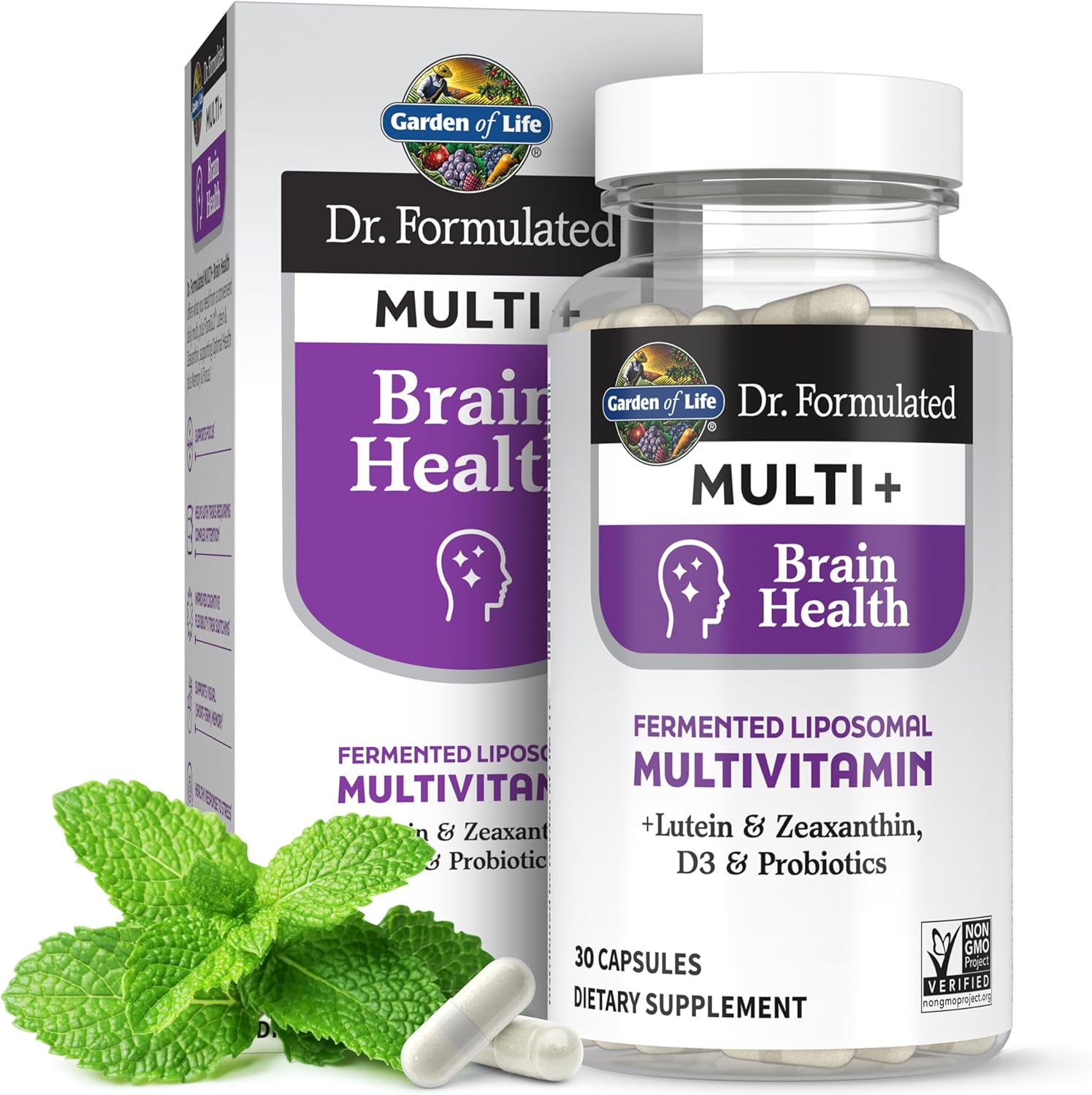 Garden of Life Dr Formulated Multi+ Brain Health Capsules with Fermented Liposomal Multivitamin, Lutein, Zeaxanthin, Vitamin D3, Probiotics - Memory & Focus Support, Digestive & Immune Health