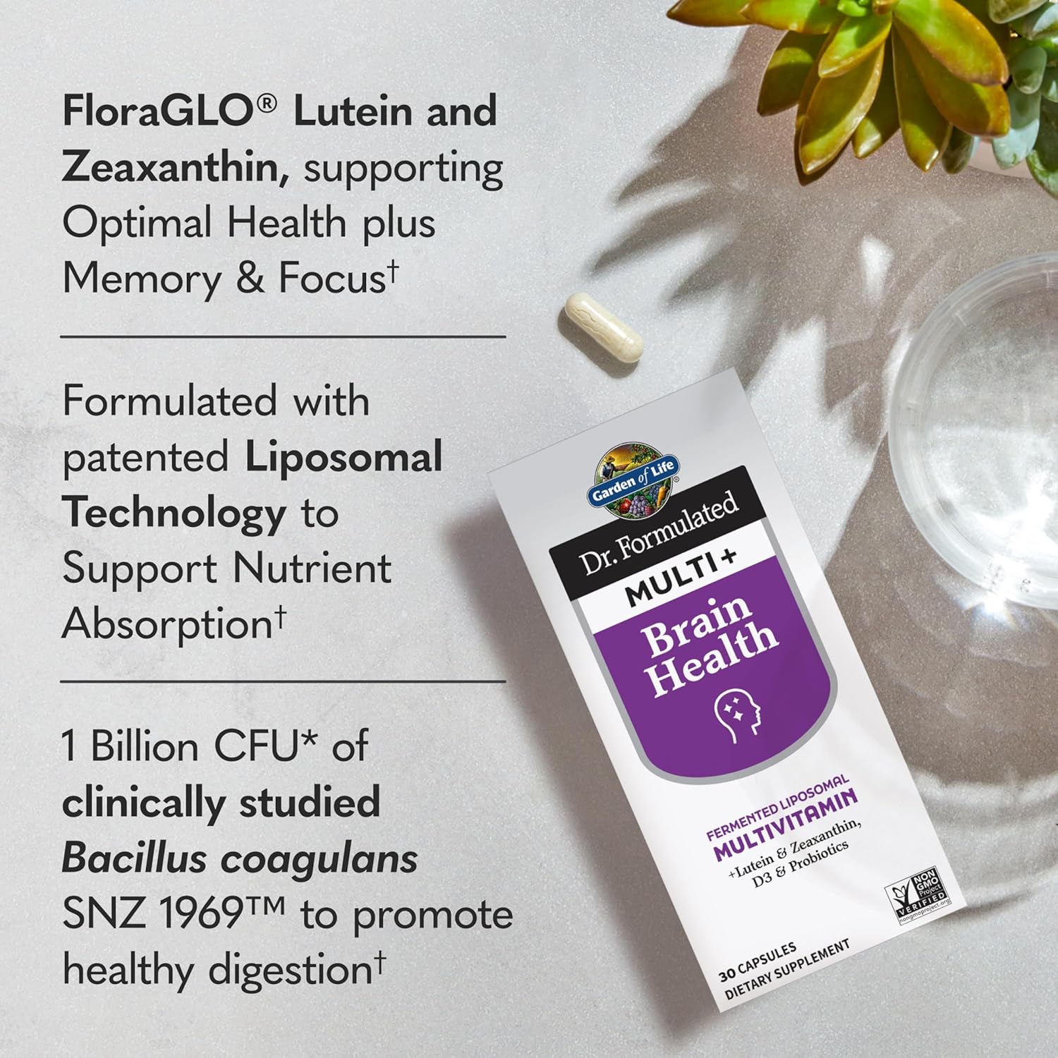 Garden of Life Dr Formulated Multi+ Brain Health Capsules with Fermented Liposomal Multivitamin, Lutein, Zeaxanthin, Vitamin D3, Probiotics - Memory & Focus Support, Digestive & Immune Health