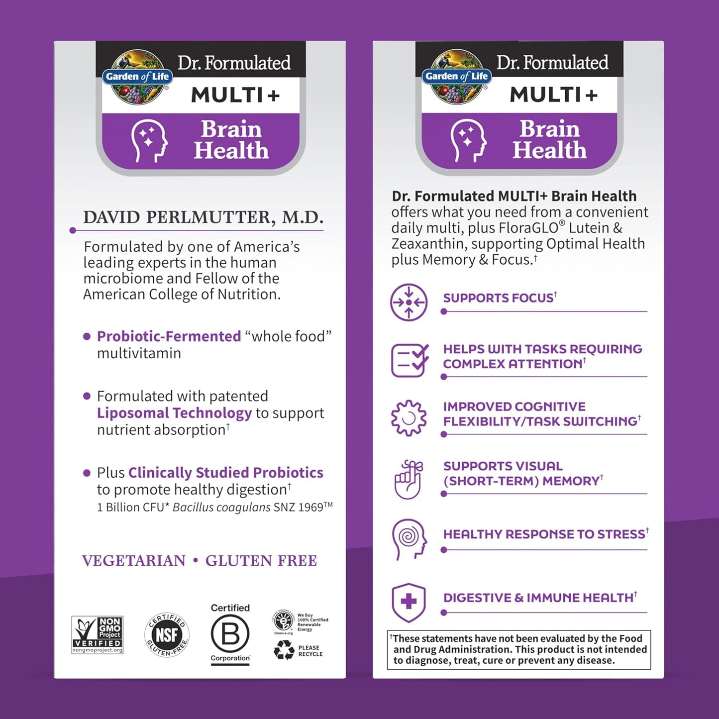 Garden of Life Dr Formulated Multi+ Brain Health Capsules with Fermented Liposomal Multivitamin, Lutein, Zeaxanthin, Vitamin D3, Probiotics - Memory & Focus Support, Digestive & Immune Health