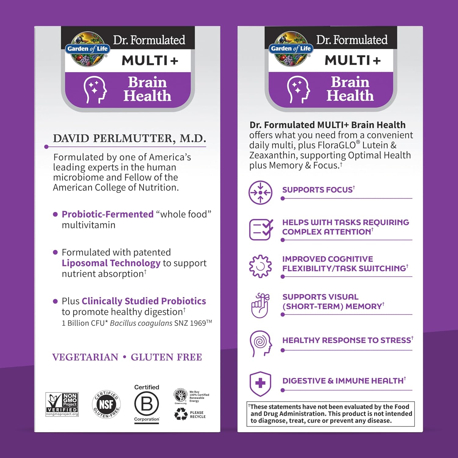 Garden of Life Dr Formulated Multi+ Brain Health Capsules with Fermented Liposomal Multivitamin, Lutein, Zeaxanthin, Vitamin D3, Probiotics - Memory & Focus Support, Digestive & Immune Health