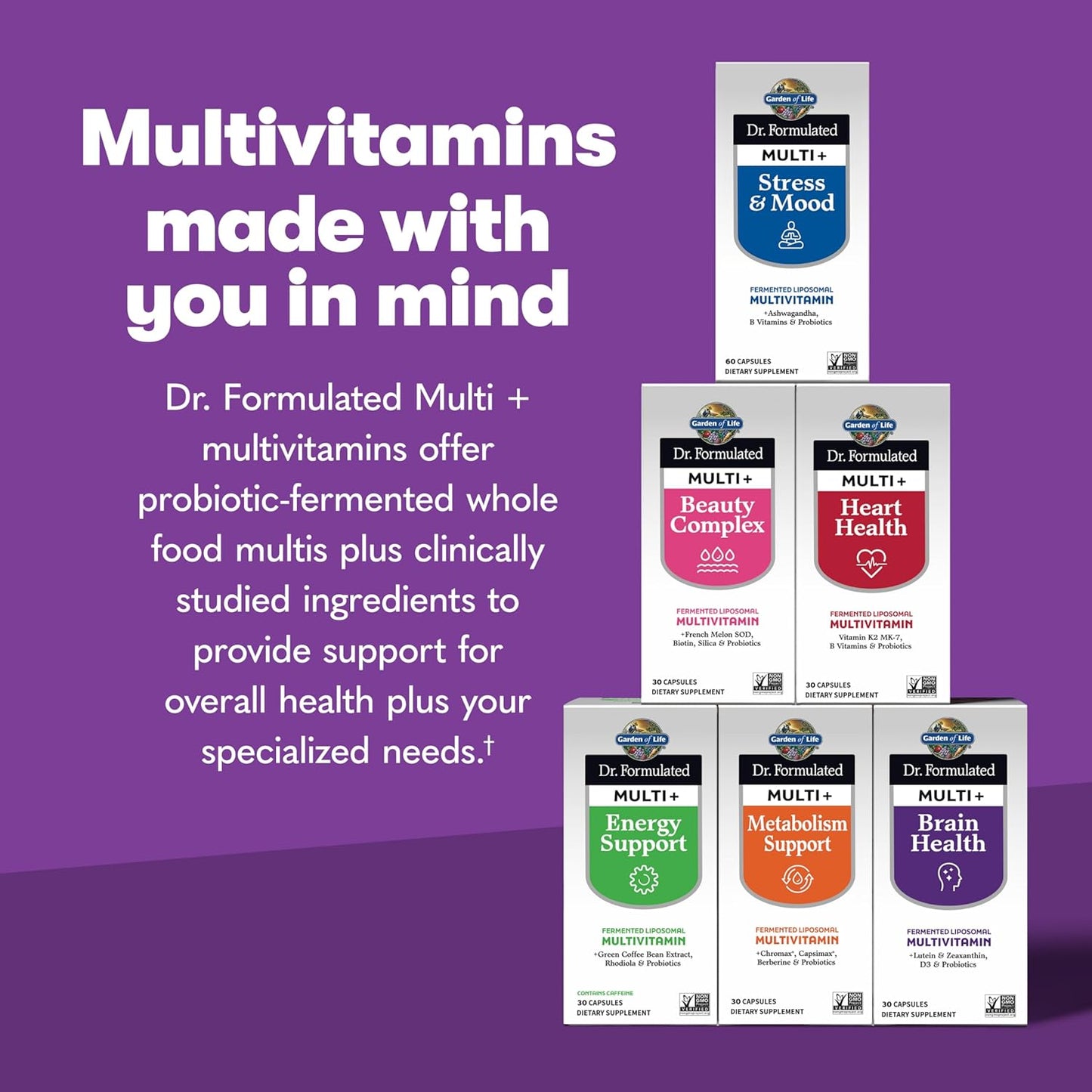 Garden of Life Dr Formulated Multi+ Brain Health Capsules with Fermented Liposomal Multivitamin, Lutein, Zeaxanthin, Vitamin D3, Probiotics - Memory & Focus Support, Digestive & Immune Health