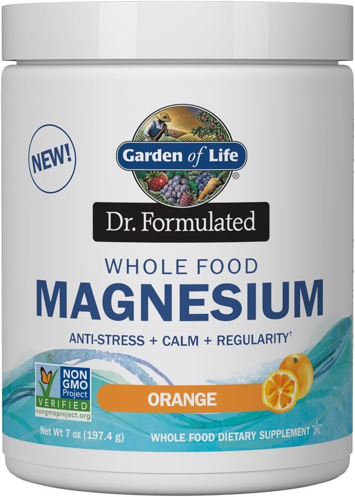 Garden of Life Whole Food Magnesium Powder - Orange Flavor, 40 Servings, Non-GMO, Vegan, Gluten & Sugar Free with Probiotics for Stress Relief & Regularity