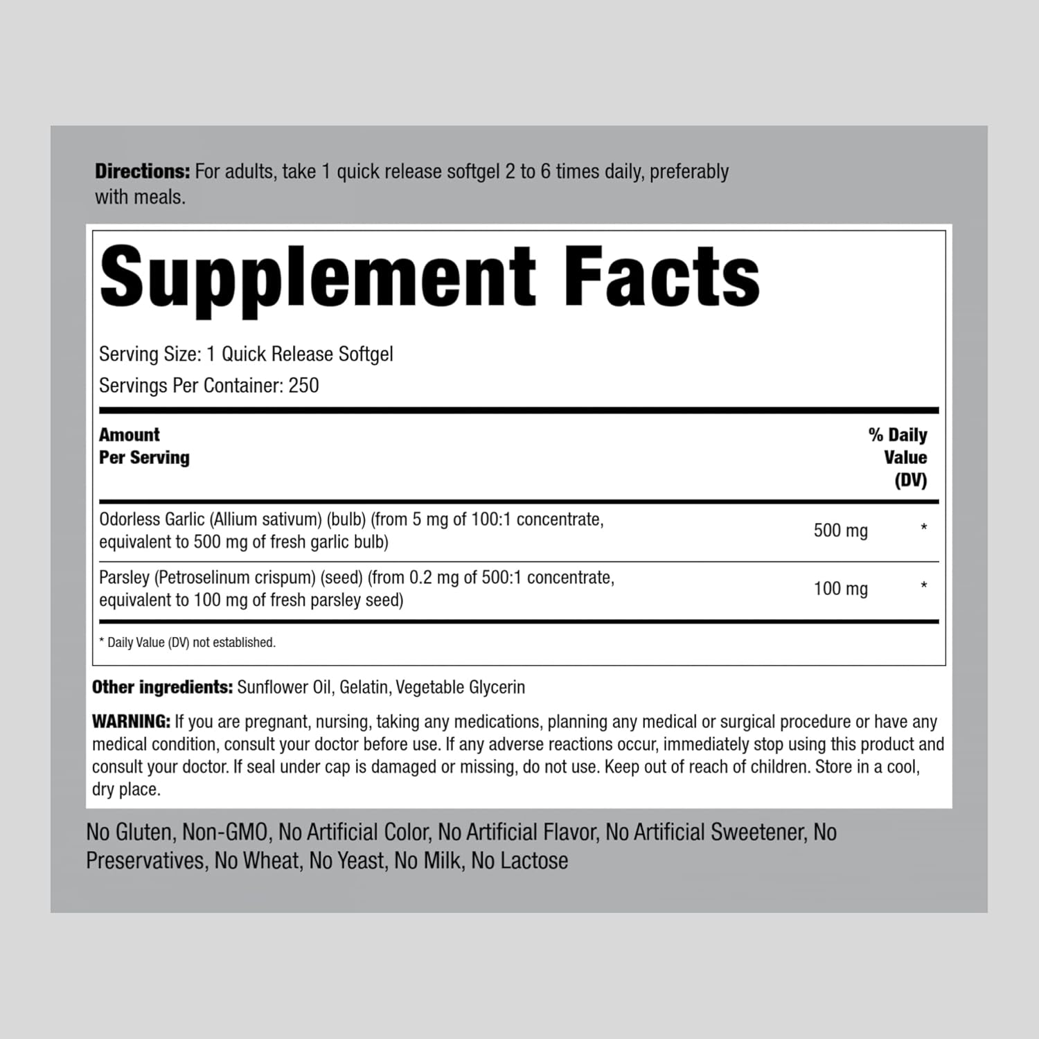 Garlic and Parsley Softgel Capsules | 500mg | 250 Count | Concentrated Herbal Extract | Non-GMO, Gluten Free Supplement
