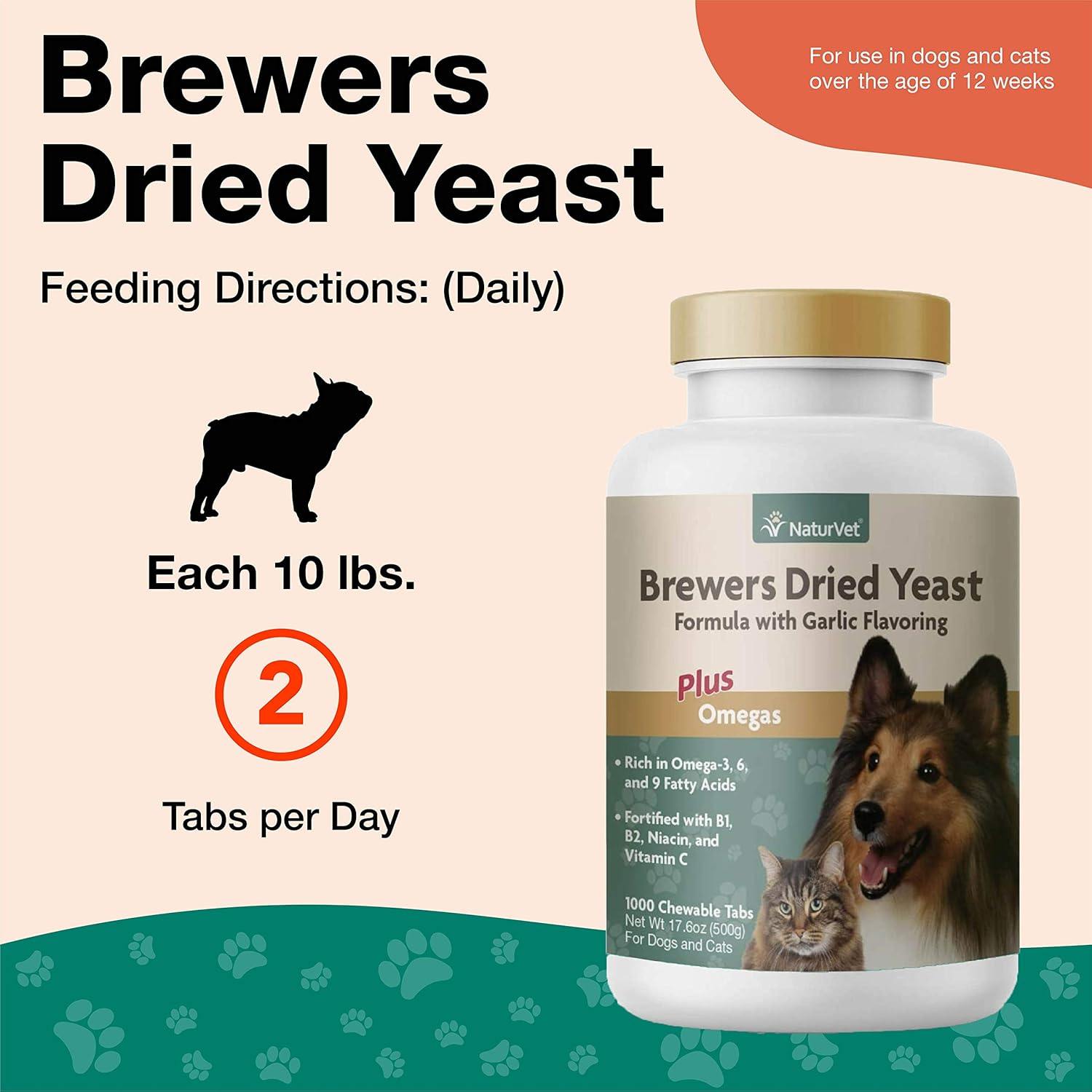 Garlic-Flavored Brewer's Yeast with Omegas for Dogs & Cats - 1000 Chewable Tablets | Omega-3, 6 & 9 Fatty Acids, B Vitamins, Vitamin C Included