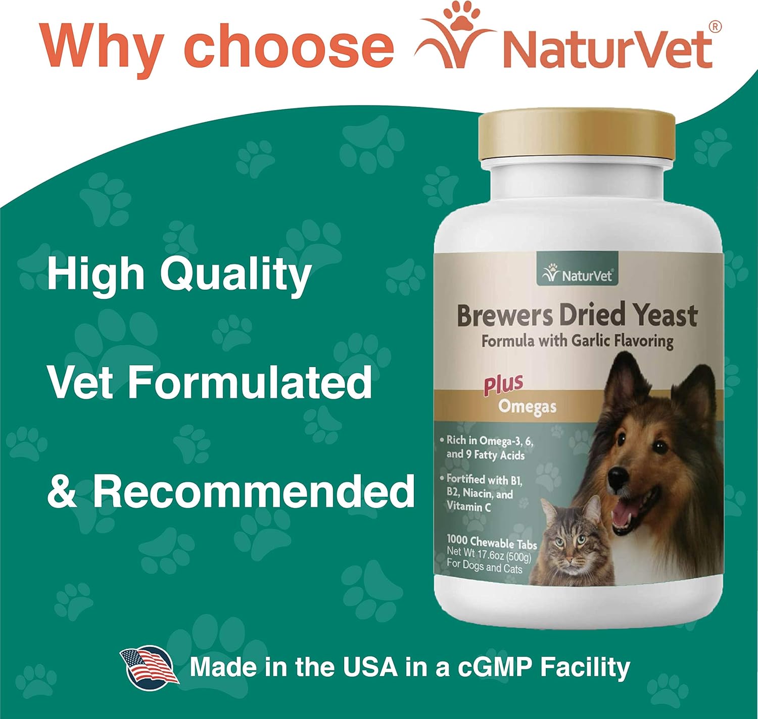 Garlic-Flavored Brewer's Yeast with Omegas for Dogs & Cats - 1000 Chewable Tablets | Omega-3, 6 & 9 Fatty Acids, B Vitamins, Vitamin C Included