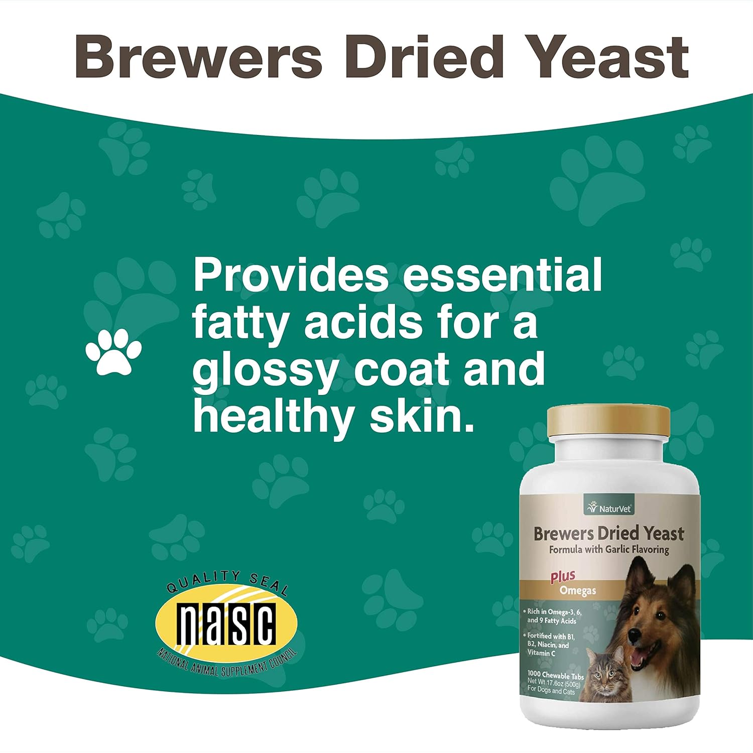 Garlic-Flavored Brewer's Yeast with Omegas for Dogs & Cats - 1000 Chewable Tablets | Omega-3, 6 & 9 Fatty Acids, B Vitamins, Vitamin C Included