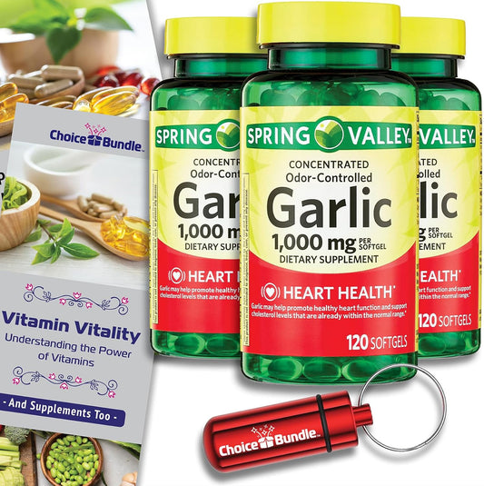Garlic Softgels Bundle: 360 Count with Odor Control, Vitamin Guide, and Pill Container - 3 Pack of 1,000mg Dietary Supplements