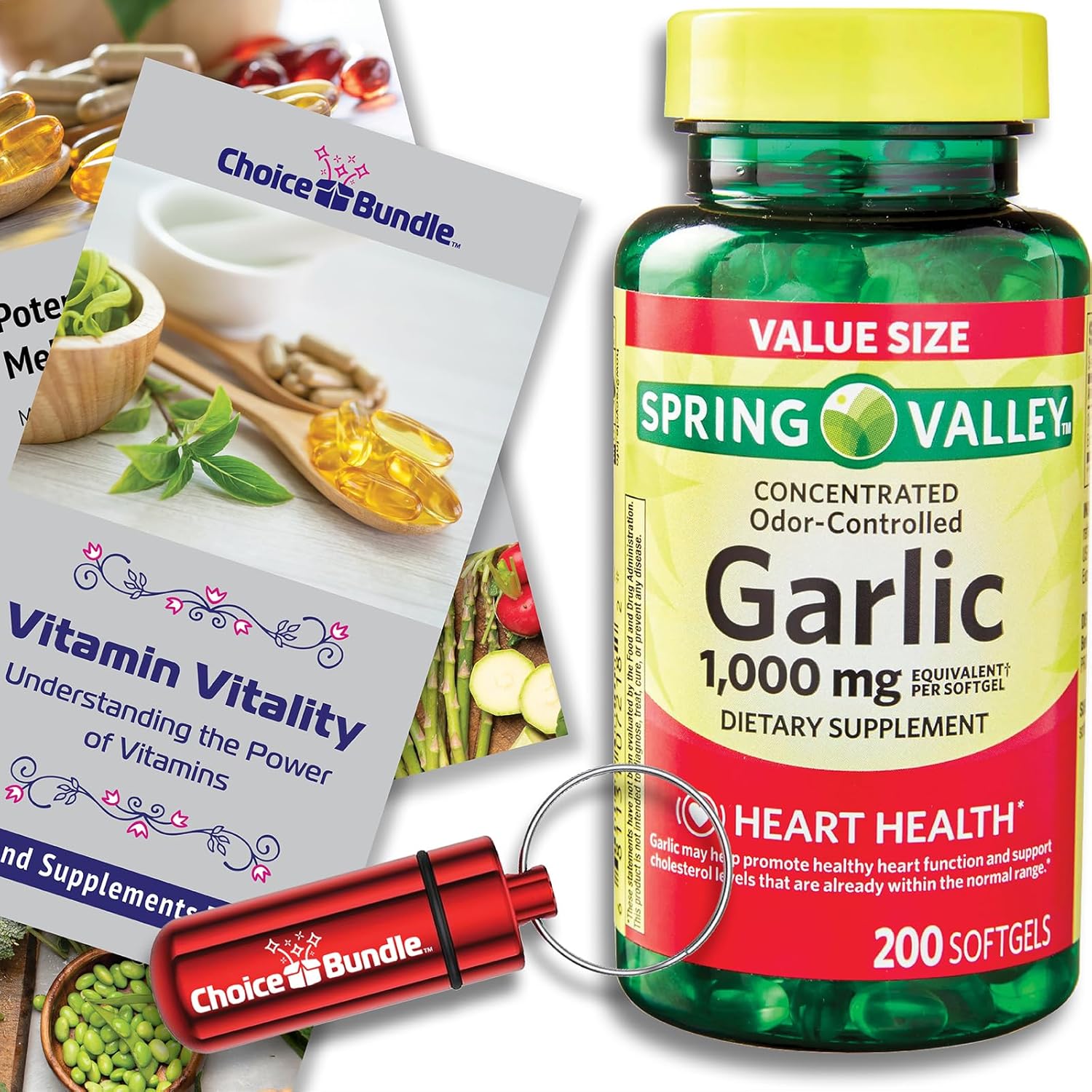 Garlic Softgels Bundle with Odor Control, 1,000mg 200 CT + Vitamin Guide & Pill Container