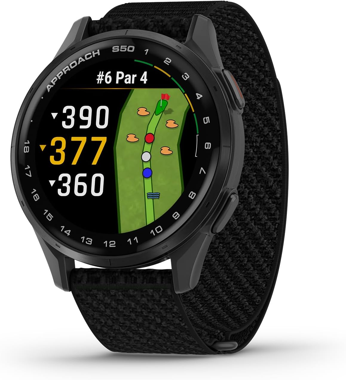 Garmin Approach S50 Golf GPS Smartwatch with AMOLED Display and Wrist-Based Heart Rate - Slate Aluminum Bezel and Black Nylon Band