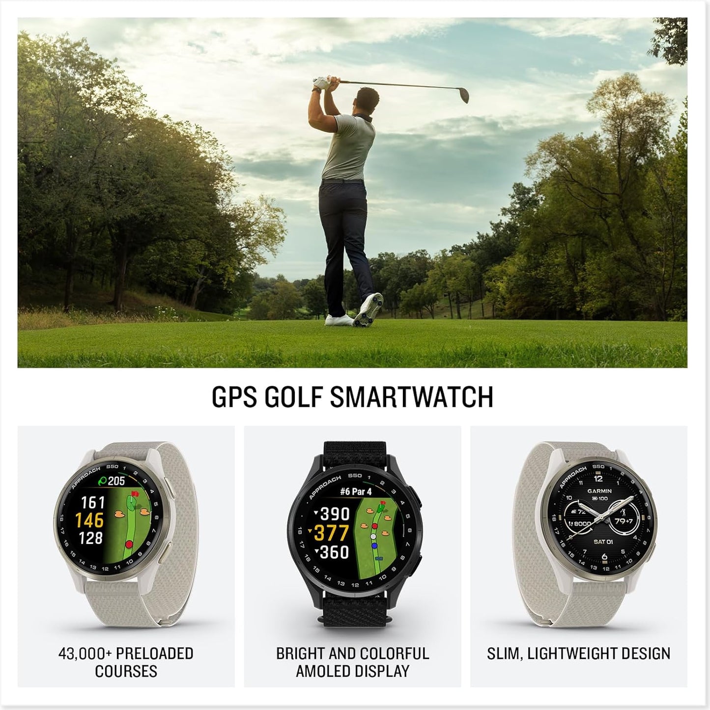 Garmin Approach S50 Golf GPS Smartwatch with AMOLED Display and Wrist-Based Heart Rate - Slate Aluminum Bezel and Black Nylon Band