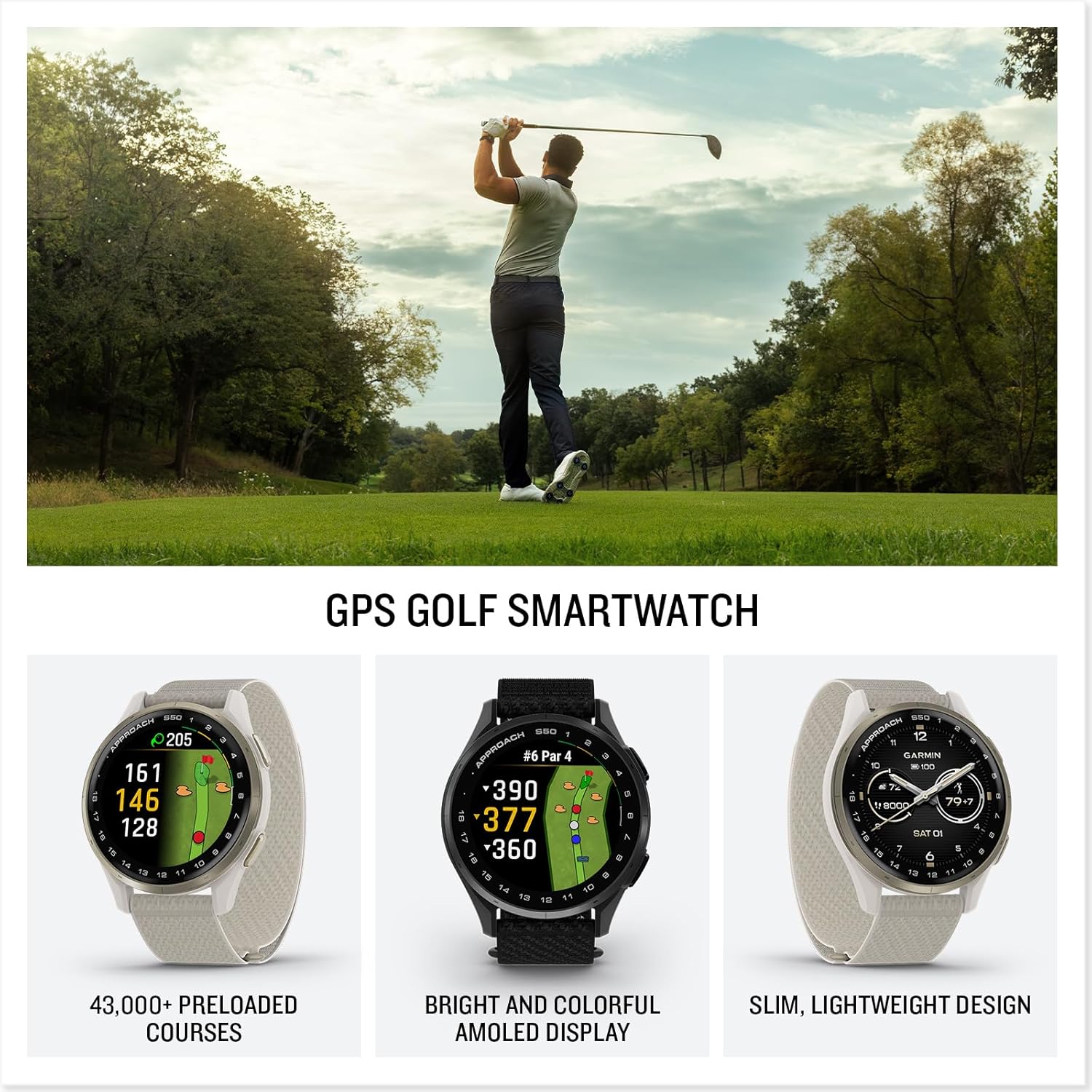 Garmin Approach S50 Golf GPS Smartwatch with AMOLED Display and Wrist-Based Heart Rate - Slate Aluminum Bezel and Black Nylon Band