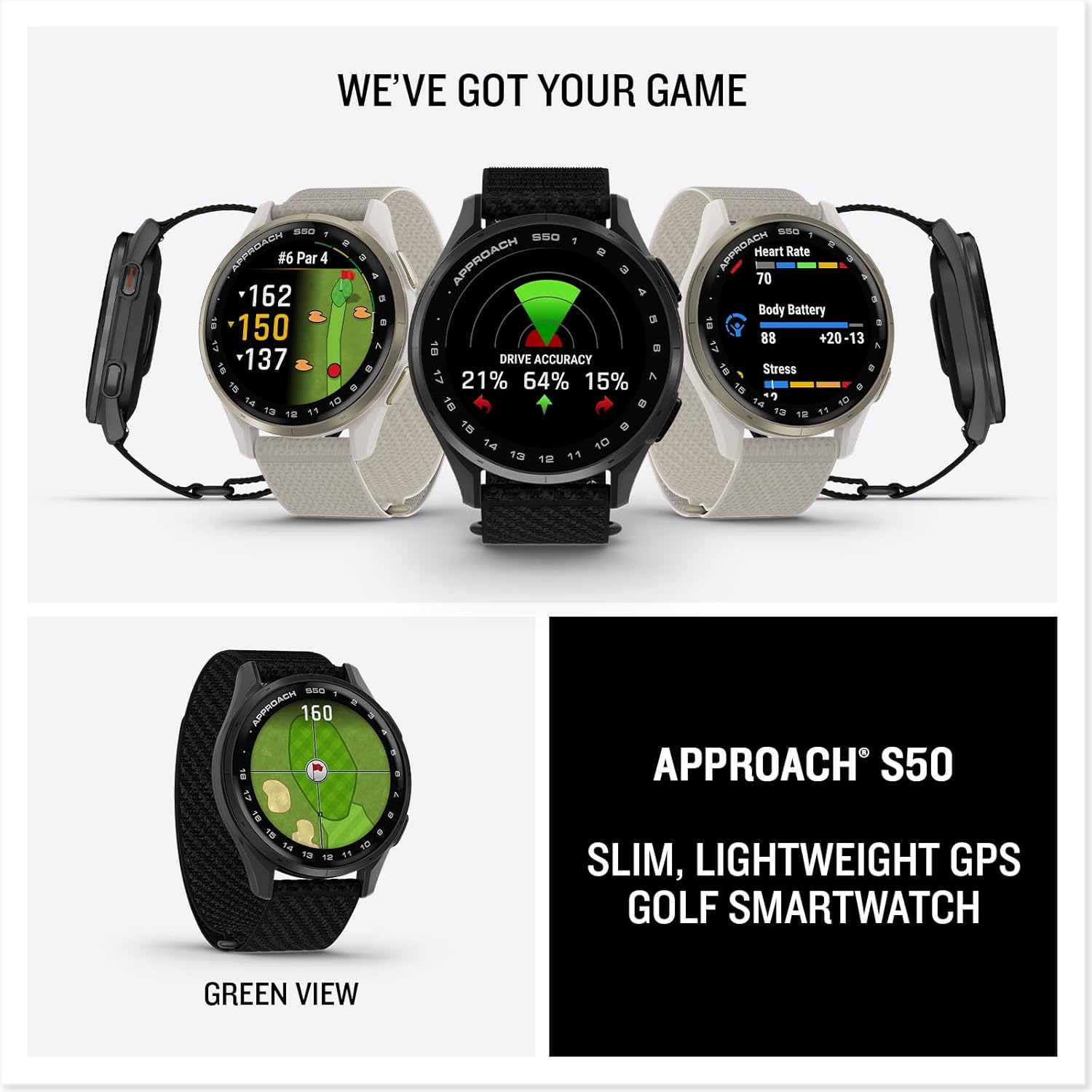 Garmin Approach S50 Golf GPS Smartwatch with AMOLED Display and Wrist-Based Heart Rate - Slate Aluminum Bezel and Black Nylon Band