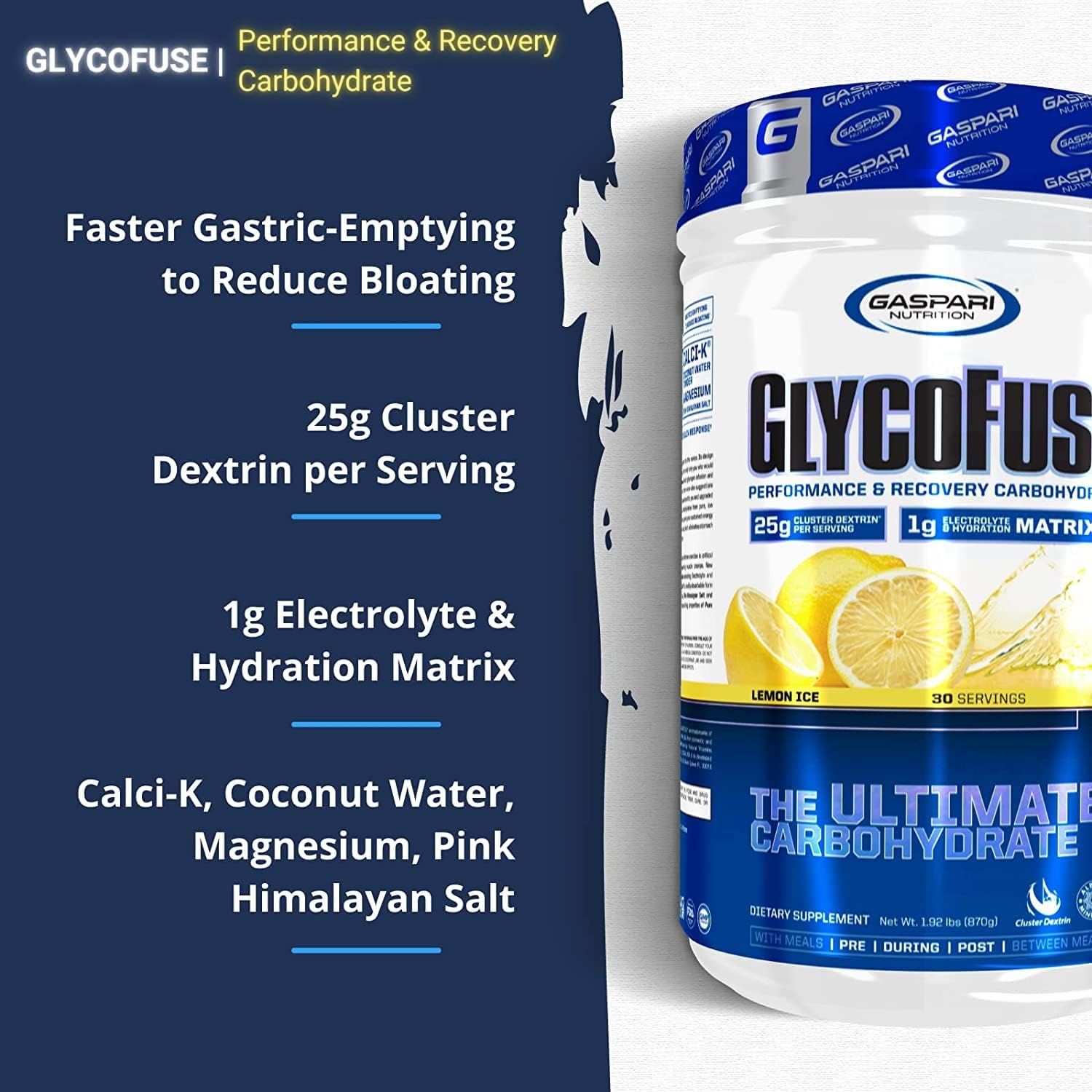 Gaspari Nutrition Glycofuse Lemon Ice: Performance & Recovery Carbohydrate with Cluster Dextrin & Electrolytes (30 Servings)