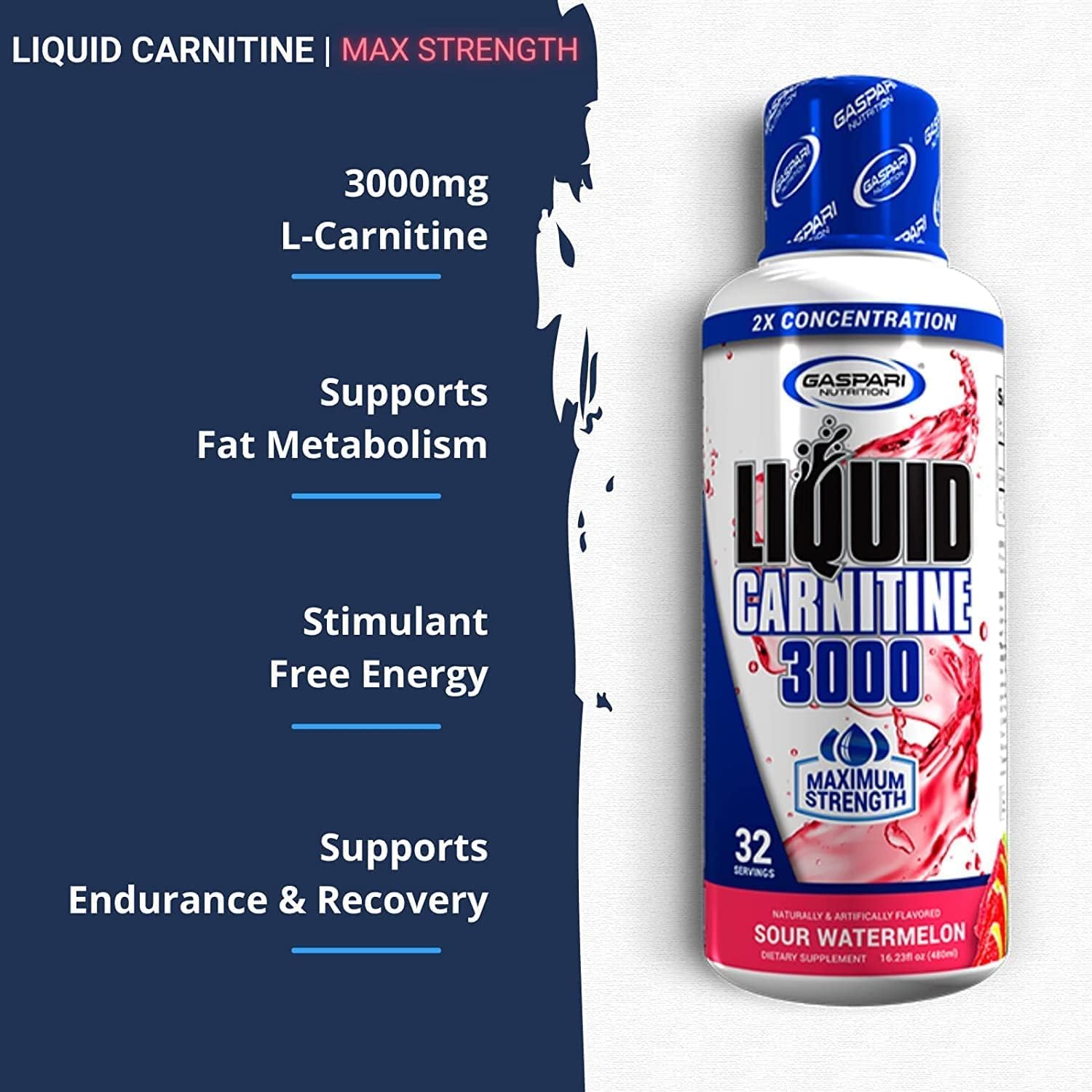 Gaspari Nutrition Liquid L-Carnitine 3000 - Sour Watermelon Flavor - Boost Metabolism & Energy - Non GMO & Gluten Free - BPA Free - 32 Servings